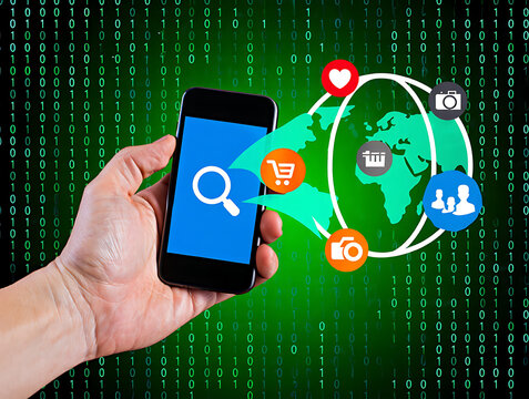 Hand holding smartphone with search and shopping icons over binary code mobile isolated on a transparent background