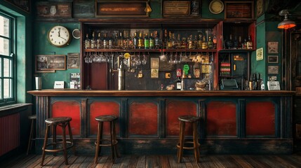 the counter bar in a cosy old english or irish pub with lots of whisky bottles in the background
