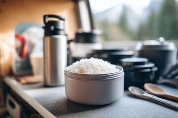 Van life essence a mindful moment. Rice, water bottles, cooking set,  utensils, for culinary camping adventures, travel blog,  lifestyle.