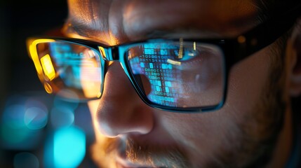Data from a computer network is reflected in the glasses of a criminal hacker