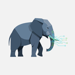 Stylized illustration of a blue elephant with electronic circuit patterns emanating from its trunk.
