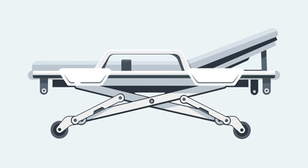 Illustration of a white medical stretcher with adjustable headrest and wheels on a light blue background.