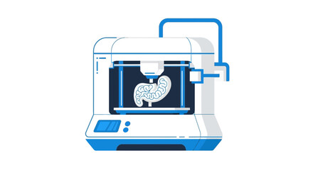 3D printer creating a human stomach, medical technology concept illustration.