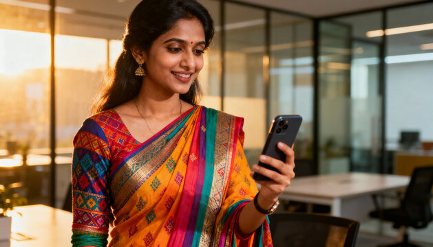 Indian businesswoman in vibrant traditional saree using smartphone in modern office with warm sunlight, smiling professional woman using mobile device, digital communication concept - Powered by Adobe