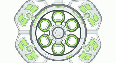 Illustration of a circular device with green accents and multiple openings.