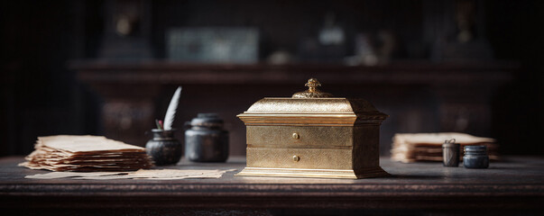 Evokes classic elegance with a golden box, inkwell, and aged paper. Perfect for themes of history, secrets, writing, and antique aesthetics. Can be used for book covers.