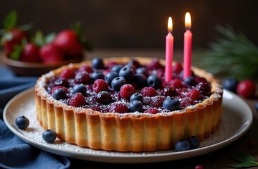 Berry pie or tart, mini tarts. Shortcrust pastry, fresh blueberries with lit candles on a wooden tabletop. Atmospheric picture for a restaurant or pastry shop