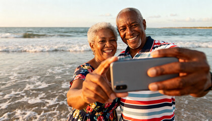 Joyful senior African American couple taking a selfie on the beach at sunset smiling together, happy elderly man and woman enjoying seaside vacation and technology moment