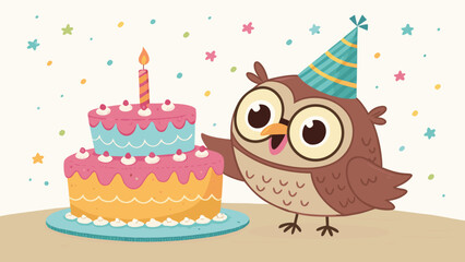 A Cheerful Cartoon Owl Wearing A Party Hat Celebrates Next To A Birthday Cake
