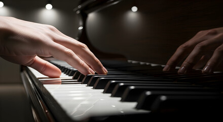 Obraz premium Hands playing grand piano with dramatic lighting, close up