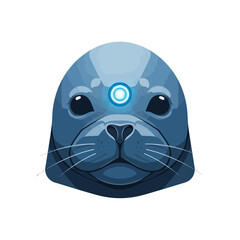 A cartoon seal with a glowing blue circle on its forehead.