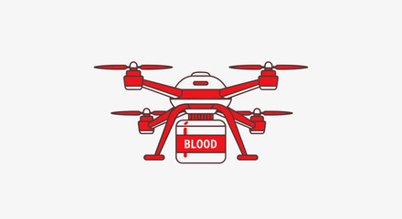 Illustration of a red and white drone carrying a container labeled 'BLOOD'.