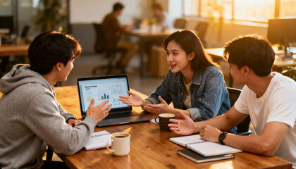 Fototapeta premium Three Young Colleagues Collaborating in Casual Office Setting Discussing Charts and Data on Laptop with Coffee and Notebooks, Teamwork and Business Meeting Concept