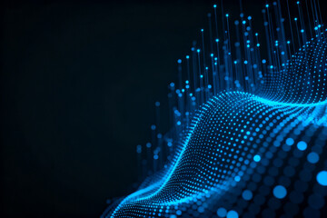 Abstract digital wave composed of glowing blue particles and dots on a dark background