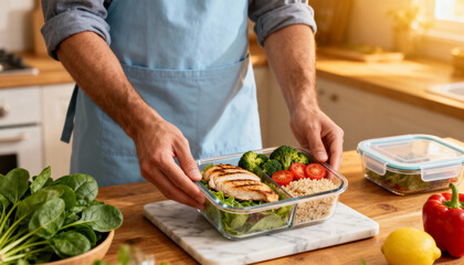 Man preparing healthy homemade meal prep in food containers for the week. Concept of healthy eating, diet, nutrition, portion control, and convenient lifestyle. Batch cooking.