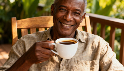 Mature African American man enjoying a hot cup of fresh brewed coffee, relaxing on wooden porch chair, peaceful morning atmosphere, leisure and lifestyle concept