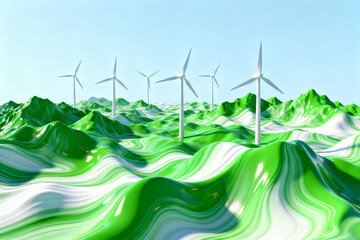 Wind turbines on a stylized green landscape with rolling hills under a clear sky