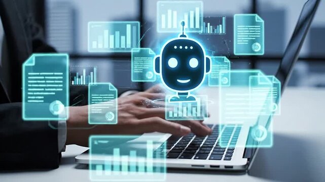 AI agent analyzing data and generating reports. Artificial intelligence and intelligent automation IA technology. Businessman using laptop computer to give instructions to AI at desk in office