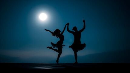 Silhouette dancers under full moon