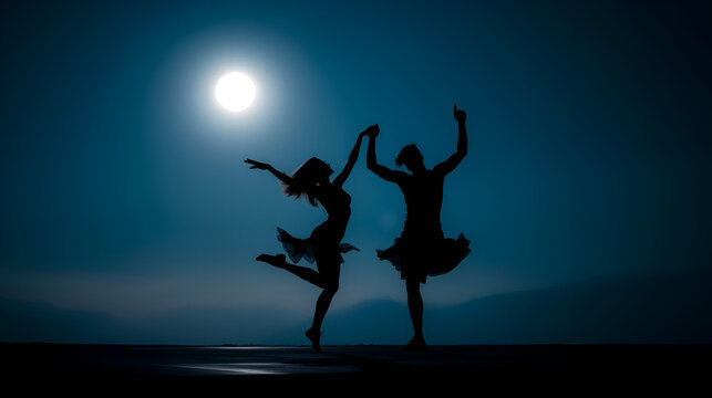 Silhouette dancers under full moon