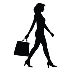 Silhouette of woman walking with shopping bag fashion model retail therapy black and white art
