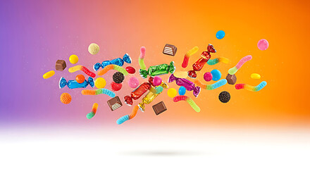 Assortment of colorful candies exploding and flying through the air