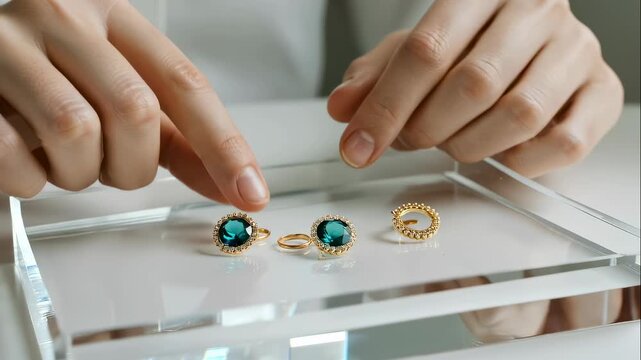 Woman looking at gold ring with precious stone in transparent jewelry box. Precious golden wedding rings. Jewelry store footage.