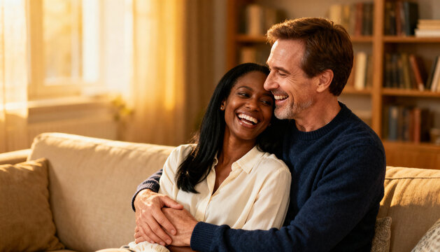 Happy mature multiethnic couple laughing and embracing. Portrait of a senior man and woman in love, showing joy and affection. Interracial relationship and happy retirement lifestyle. - Powered by Adobe