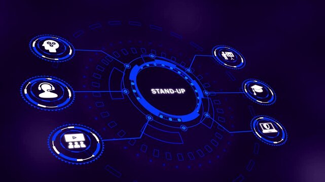 Business, technology, internet and network concept. Stand-up meeting, daily scrum huddle, quick status and blockers, agile team sync on a virtual board