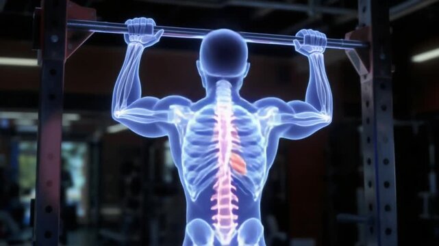 Animated anatomy illustration of person performing pull-up workout