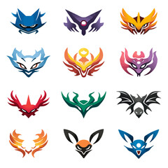 Vector illustrations of stylized mask-like faces in various colors and designs