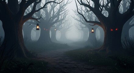 Eerie enchanted forest path shrouded in mist with glowing eyes and lanterns