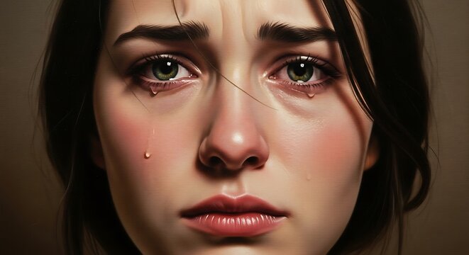Close up of a young woman crying with tears streaming down her face.