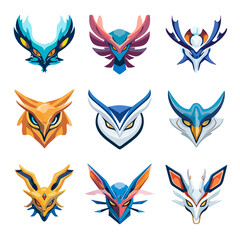 Obraz premium Nine geometric animal head designs, each with unique coloration, shapes, and stylized features