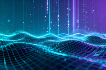 Abstract digital landscape with glowing waves and vertical light streams in a futuristic cyber environment