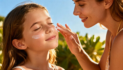 Caring mother applying sunscreen to her daughter's face. Sun protection skincare concept. Family on summer vacation enjoying a sunny day. Child safety from UV rays and sunburn.