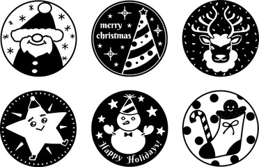 クリスマス円形アイコンセット　黒いシルエットの手描きアイコン集