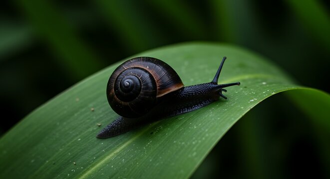Snail on green leaf closeup