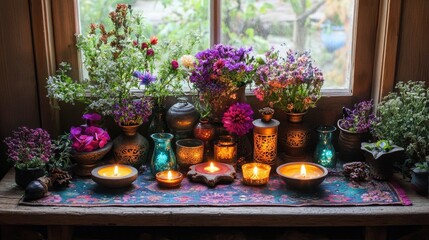Vibrant Wiccan Altar for Spring Ostara Sabbat: Perfect for Holistic Workshops and Spiritual Blogs