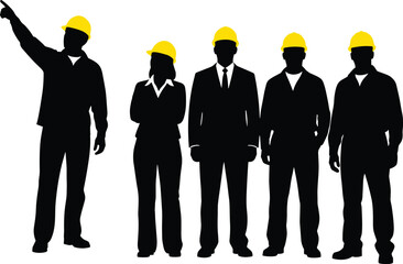 Construction team silhouette vector, yellow helmet workers and manager illustration, industrial roles graphic, black and white teamwork design