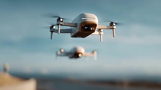 modern scene showcasing sleek faceless drones designed for delivery of food and medical supplies