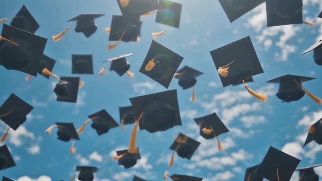 Graduation caps thrown joyfully into the bright blue sky during celebration