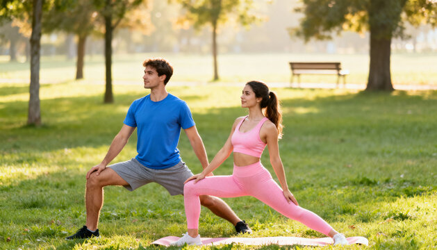 Young man and woman stretching together in sunny park, outdoor fitness exercise, healthy active lifestyle, morning workout with yoga mat, wellness and flexibility training - Powered by Adobe