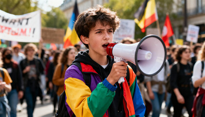 Young protester shouting through megaphone at vibrant political rally with diverse crowd, colorful flags, and urgent social activism in urban street setting