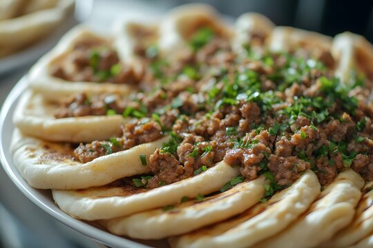 AI image: Delicious flatbreads topped with seasoned minced meat and fresh green herbs, a culinary