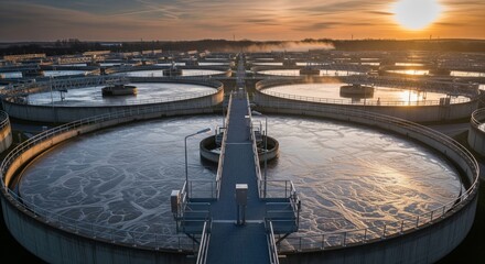 Aerial view of water treatment plant at sunset.