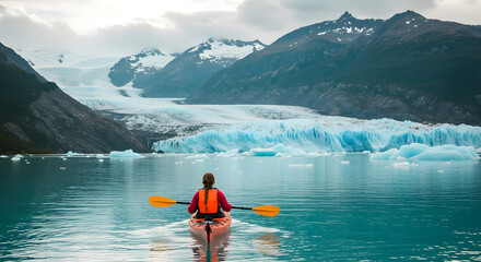 woman on canoe in cold frozen lake winter in mountains