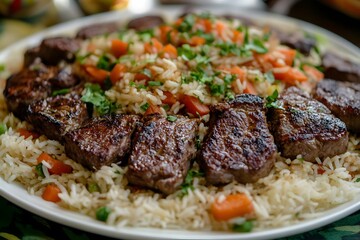 Fototapeta premium AI image: Delicious Beef Medallions Served on a Bed of Fluffy Rice and Vibrant Vegetables garnish