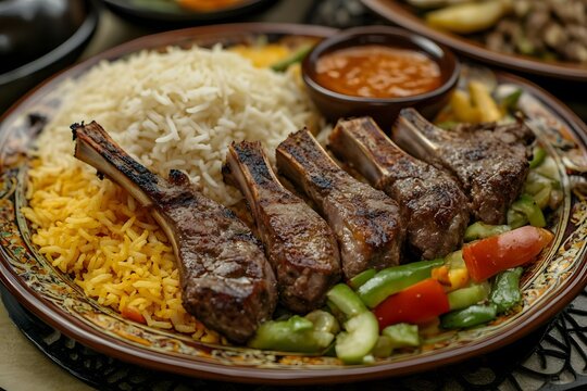 AI image Delicious lamb chops served with rice and vegetables on a decorative plate exquisite dinner