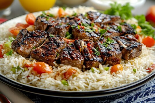 AI image. Juicy grilled lamb chops on fluffy rice with fresh herbs and bright tomatoes appetizing